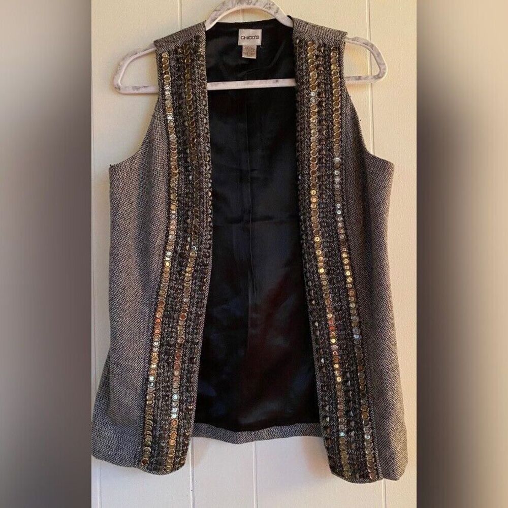 Chico’s Vest Women’s Small (0) Black White Wool Blend Tweed Studs